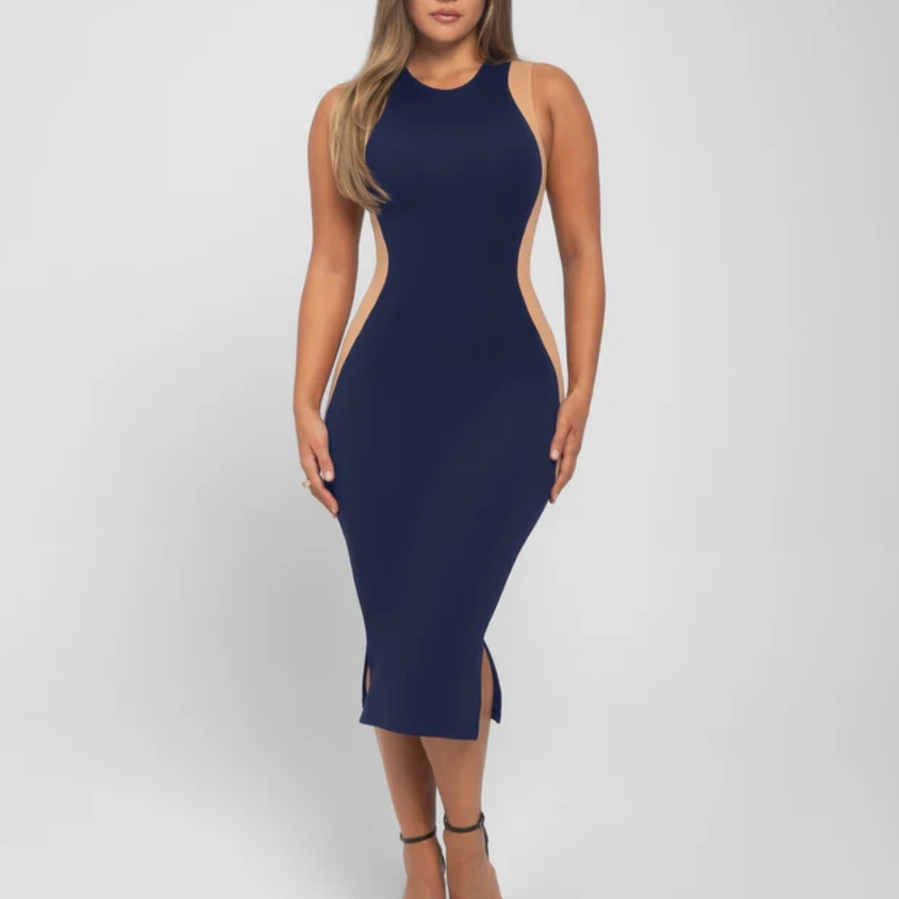 Navy Bodycon Midi Dress with Side Cutouts